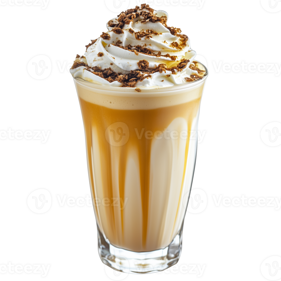 Creamy Cappuccino Milkshake Topped With Whipped Cream and Crunchy Bits Served in a Clear Glass png