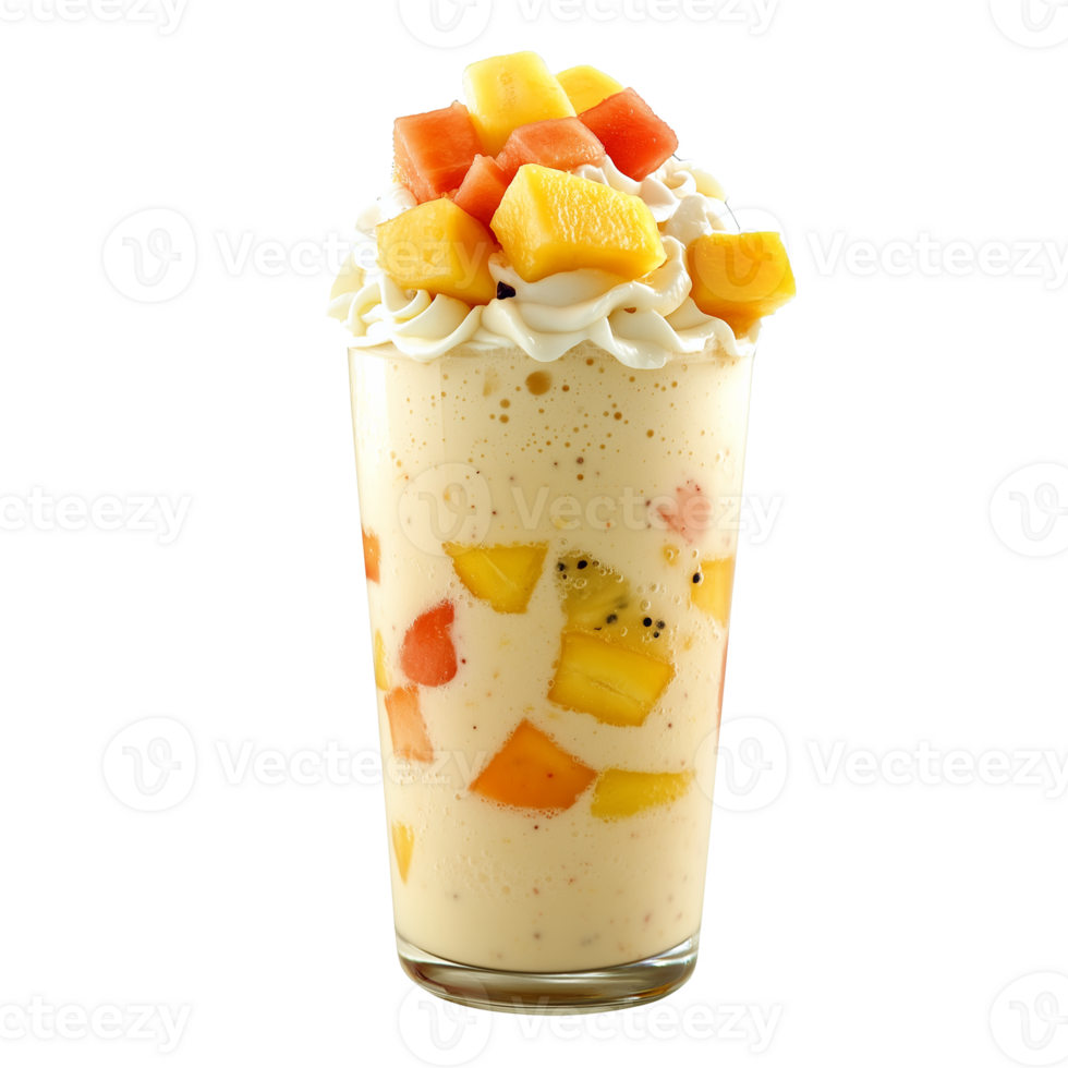 A refreshing tropical milkshake, creamy and vibrant, served with an assortment of fresh fruits on top, perfect for a warm day. png