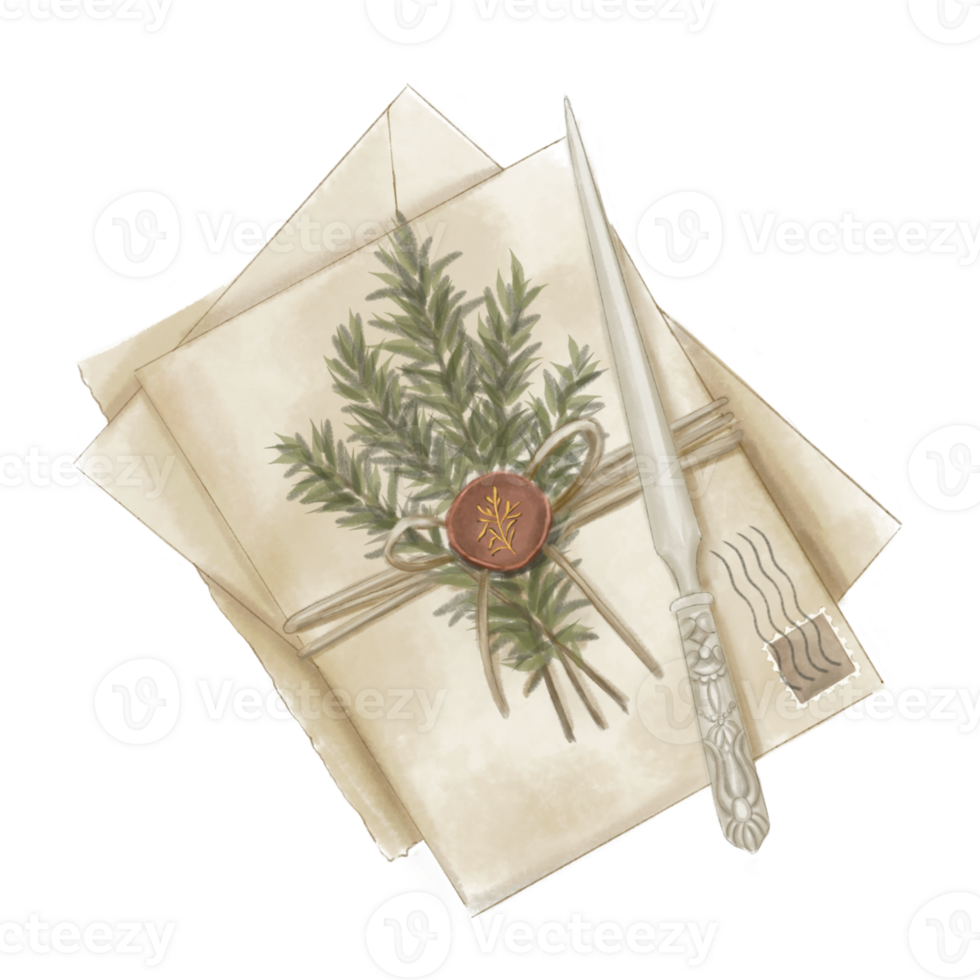 Vintage Season Stack of Letters Wrapped in Twine and Holly with Letter Opener png