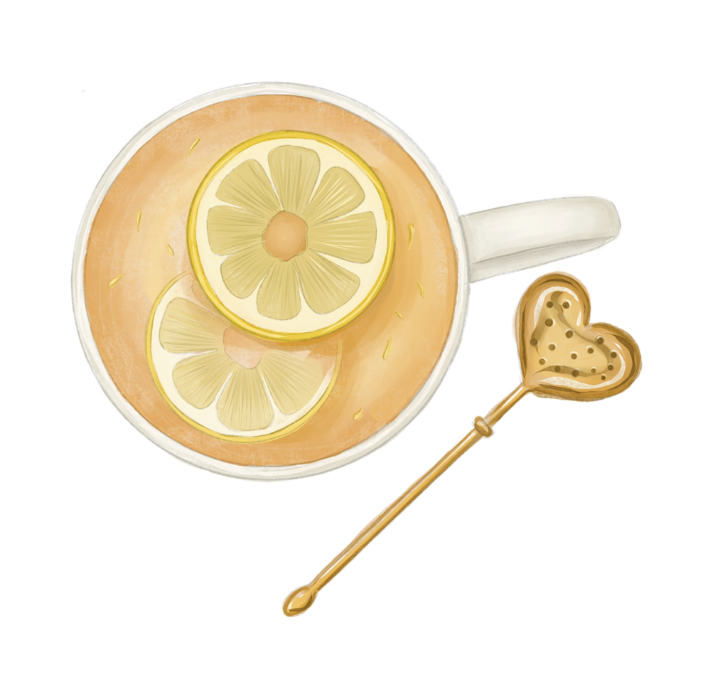 Tea Cup with Lemon Slices and Heart Shaped Stirrer png