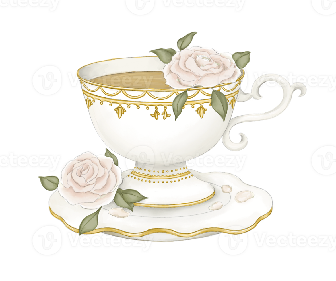 Vintage Tea Cup on Plate with Intricate Gold Details and Pink Roses Watercolor Illustration No Background png