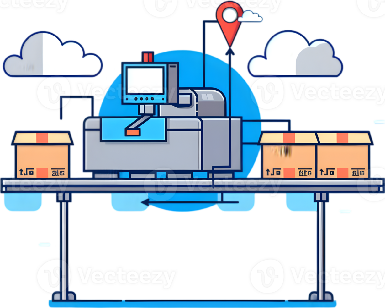 A machine is on a conveyor belt with boxes and a map png