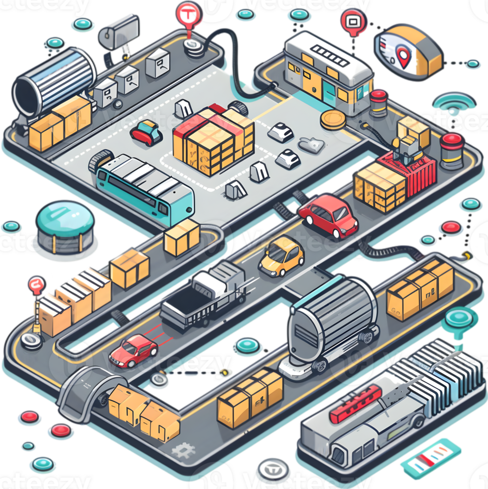 An illustration of an industrial warehouse with trucks and other items png