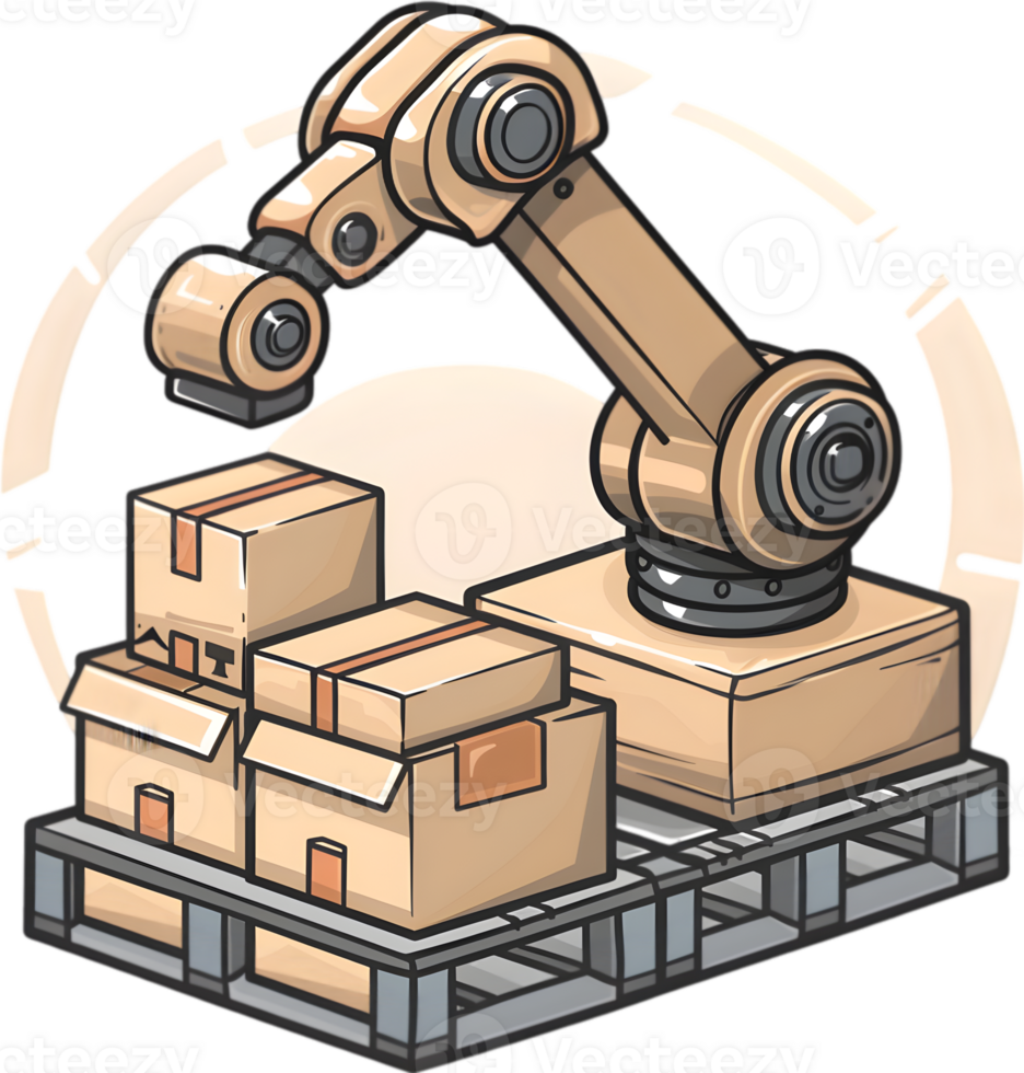 A robot is standing on a pallet with boxes png