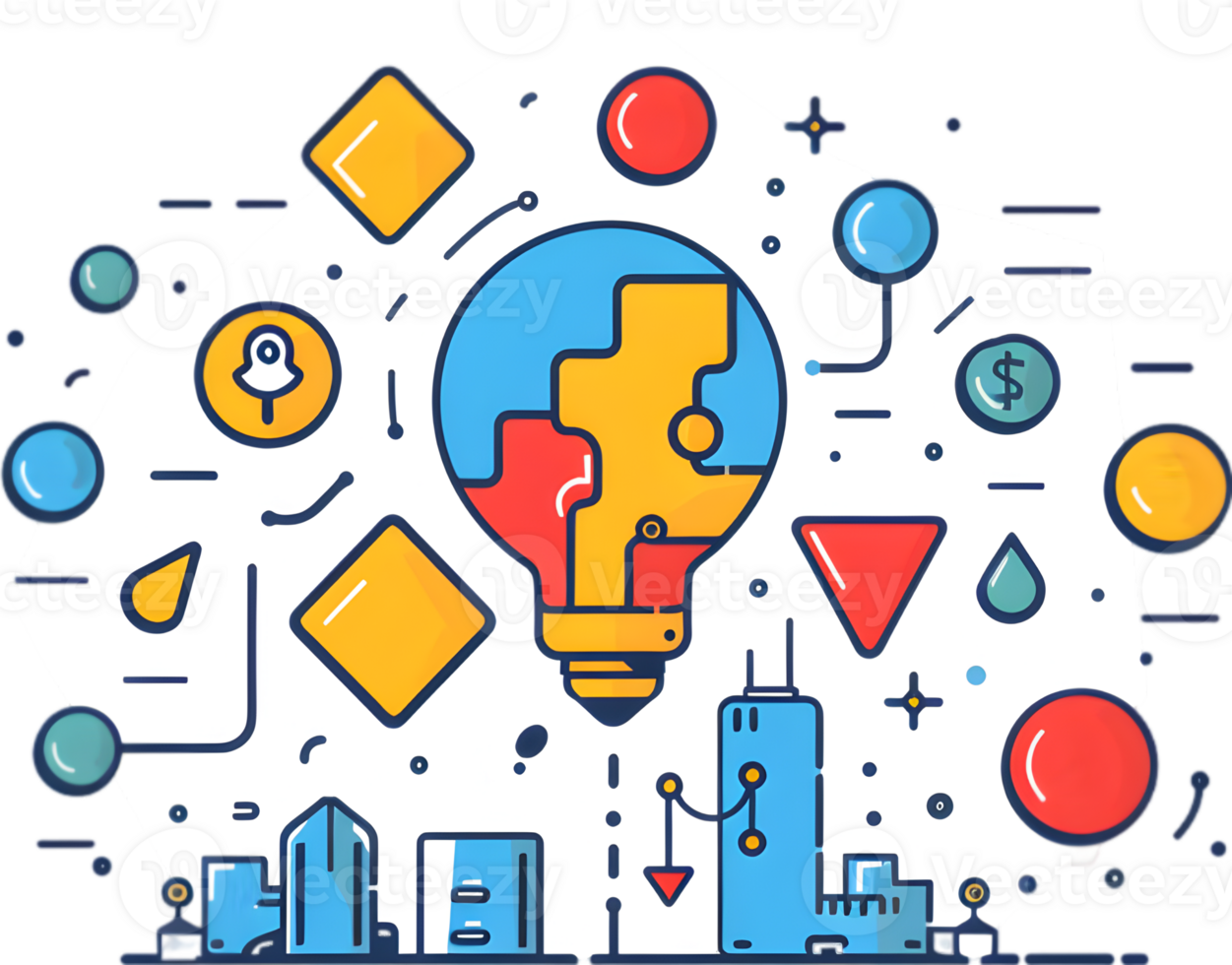 A colorful illustration of an idea bulb with icons png