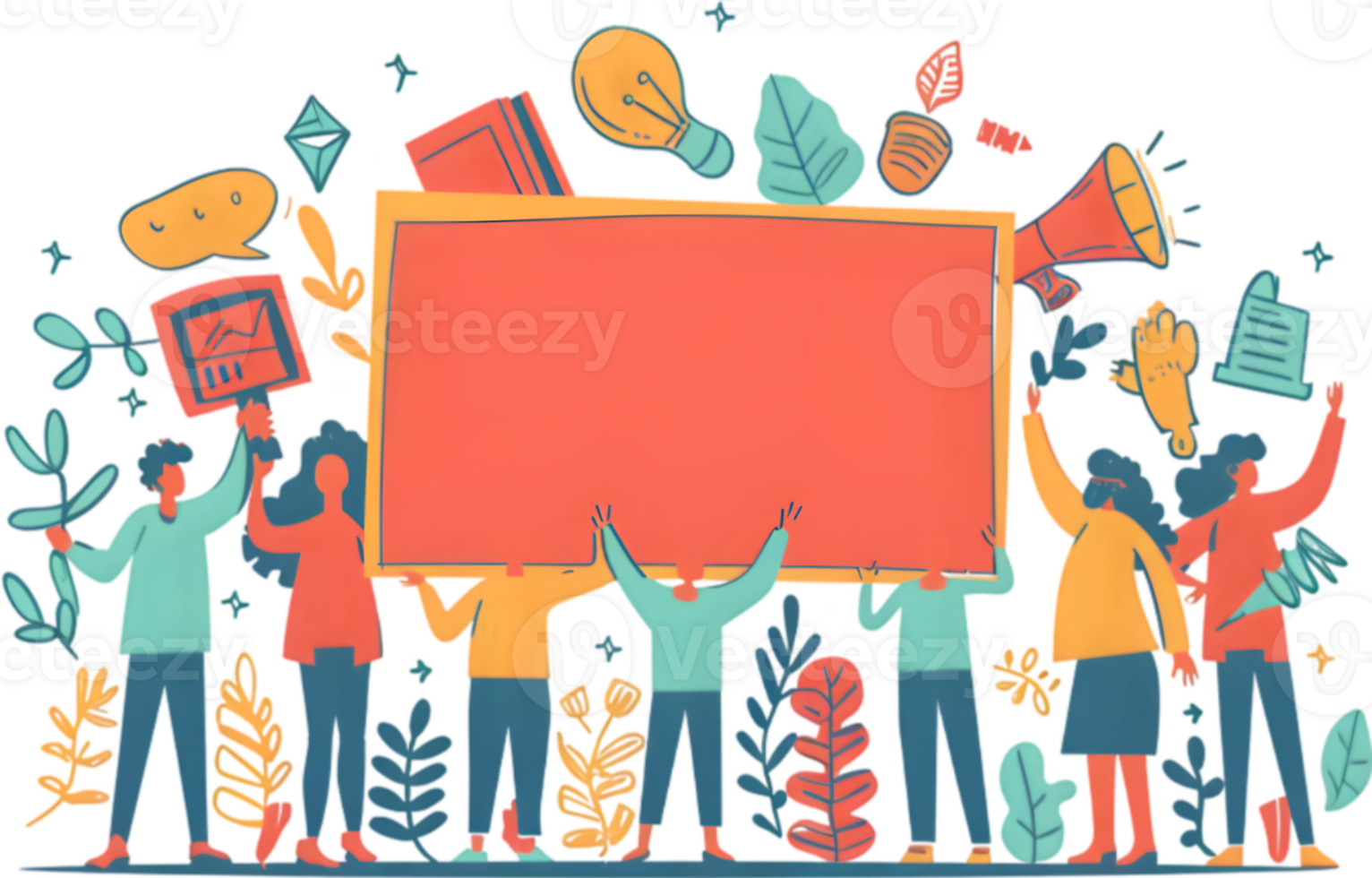 People holding up a red board with icons around it png