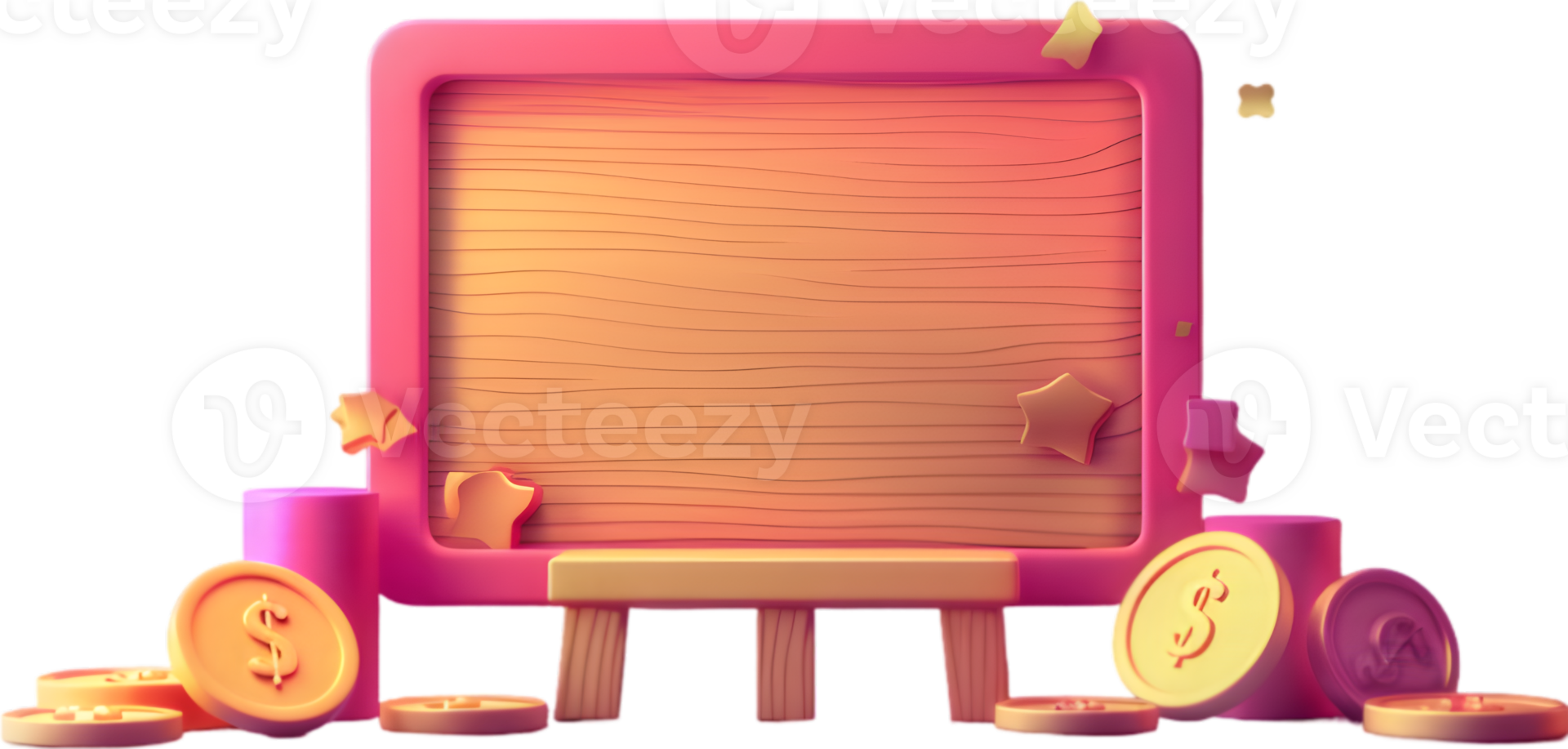 A pink easel with coins and a sign png