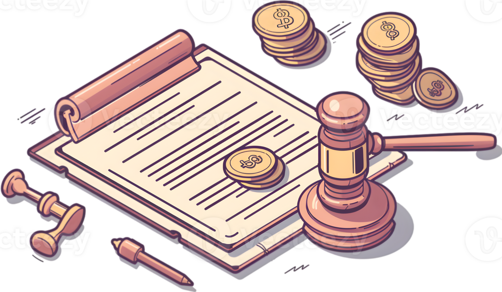 A gavel, coins and a paper with a pen on it png