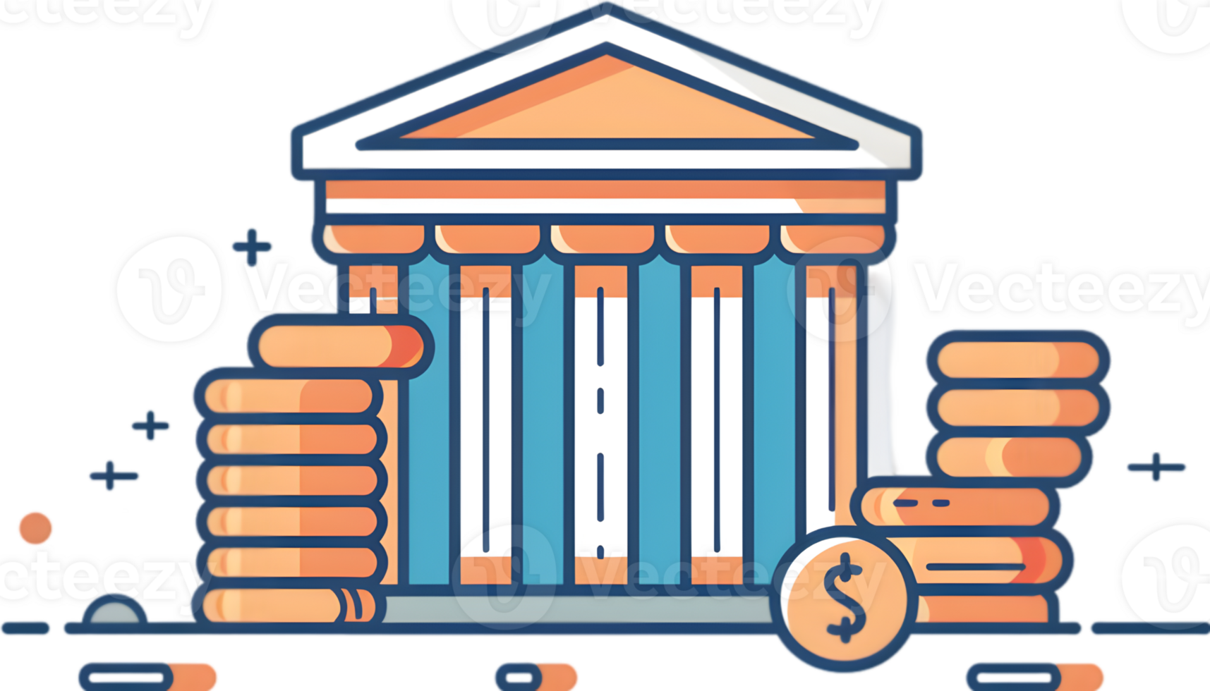 An illustration of a bank building with coins and money png