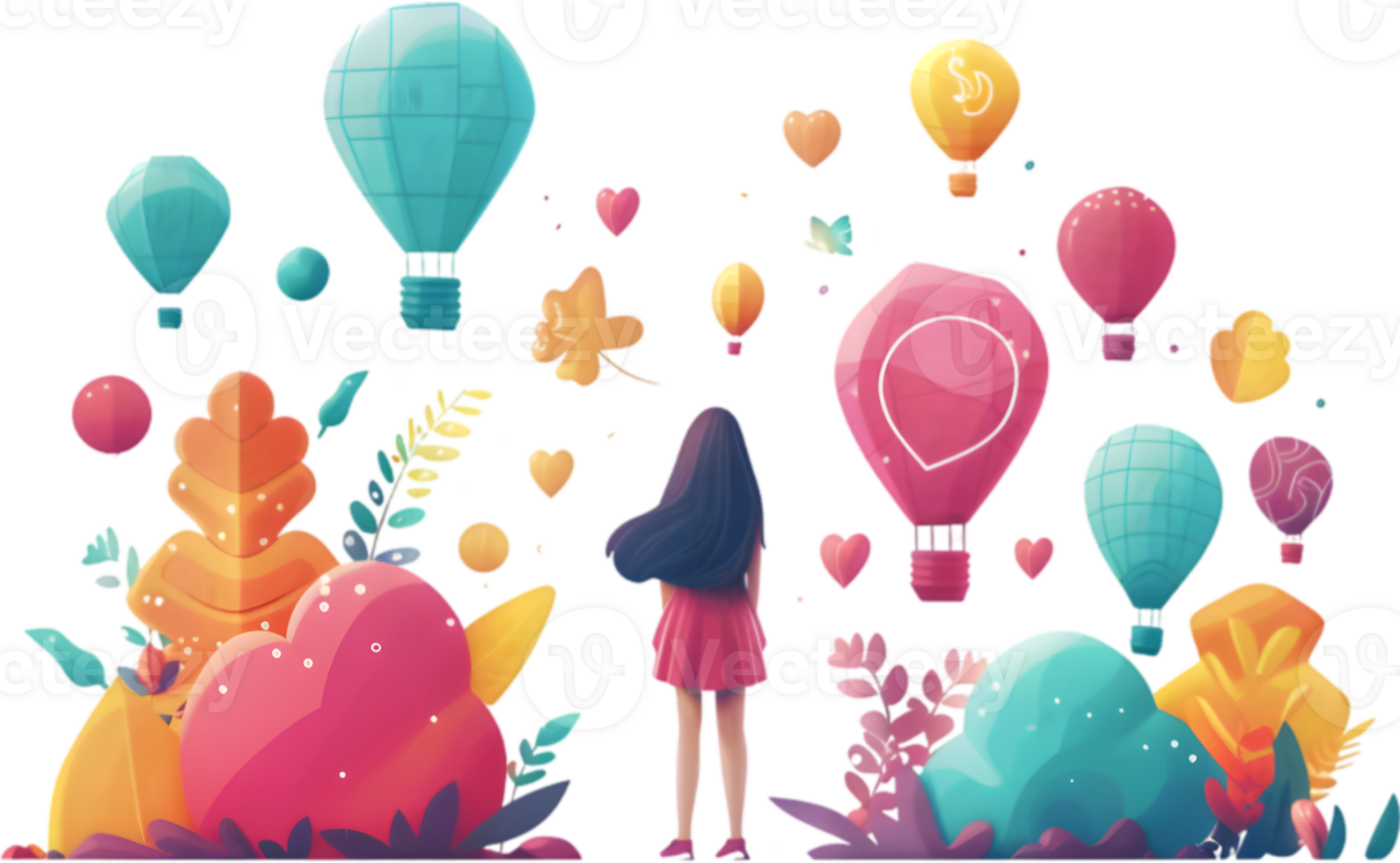 A girl is looking at balloons floating in the air png