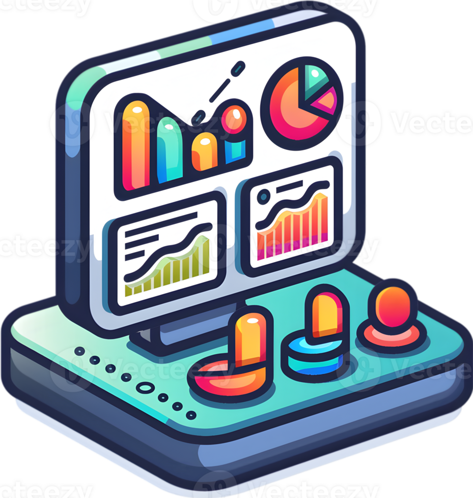 An icon of a computer with graphs and charts png