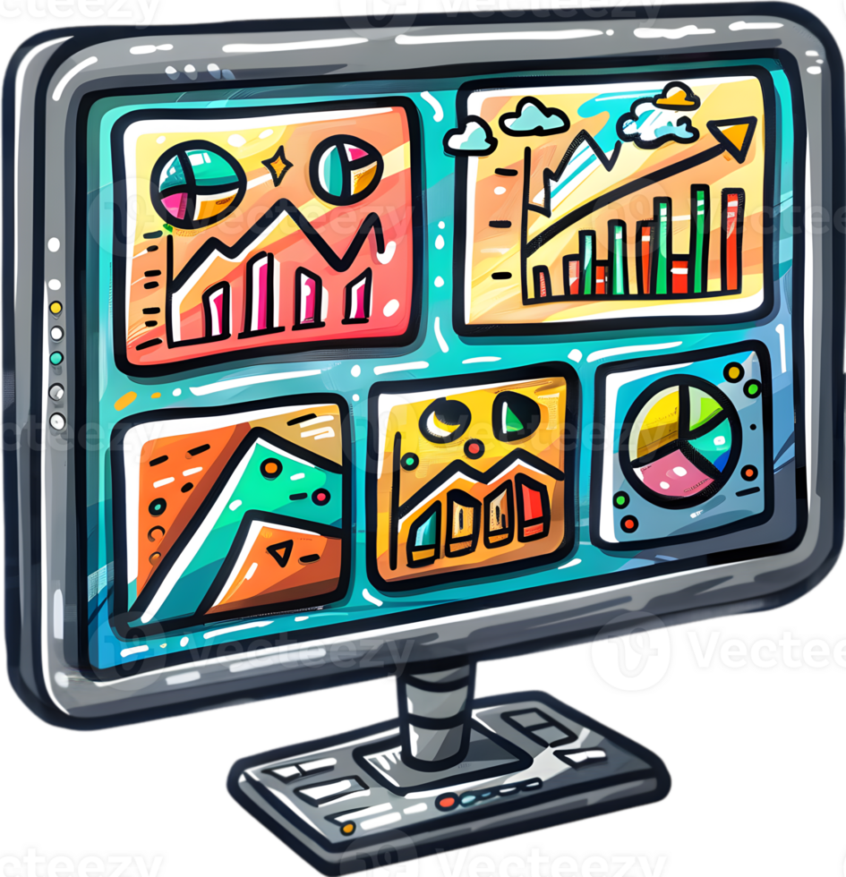 A computer monitor with graphs and charts on it png