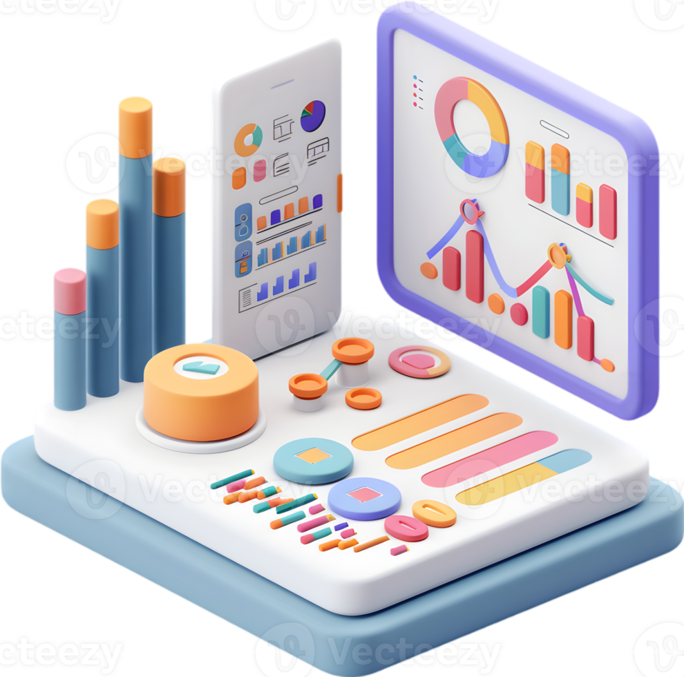 An illustration of a tablet with a screen and a bar graph png