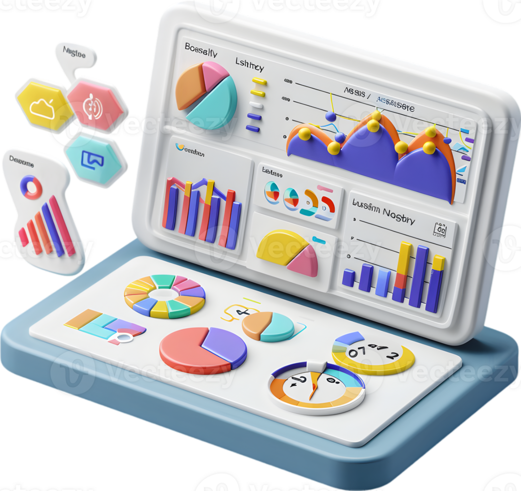 A laptop with a bunch of different types of graphs and charts png