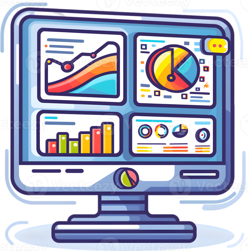 A computer monitor with graphs and charts on it png