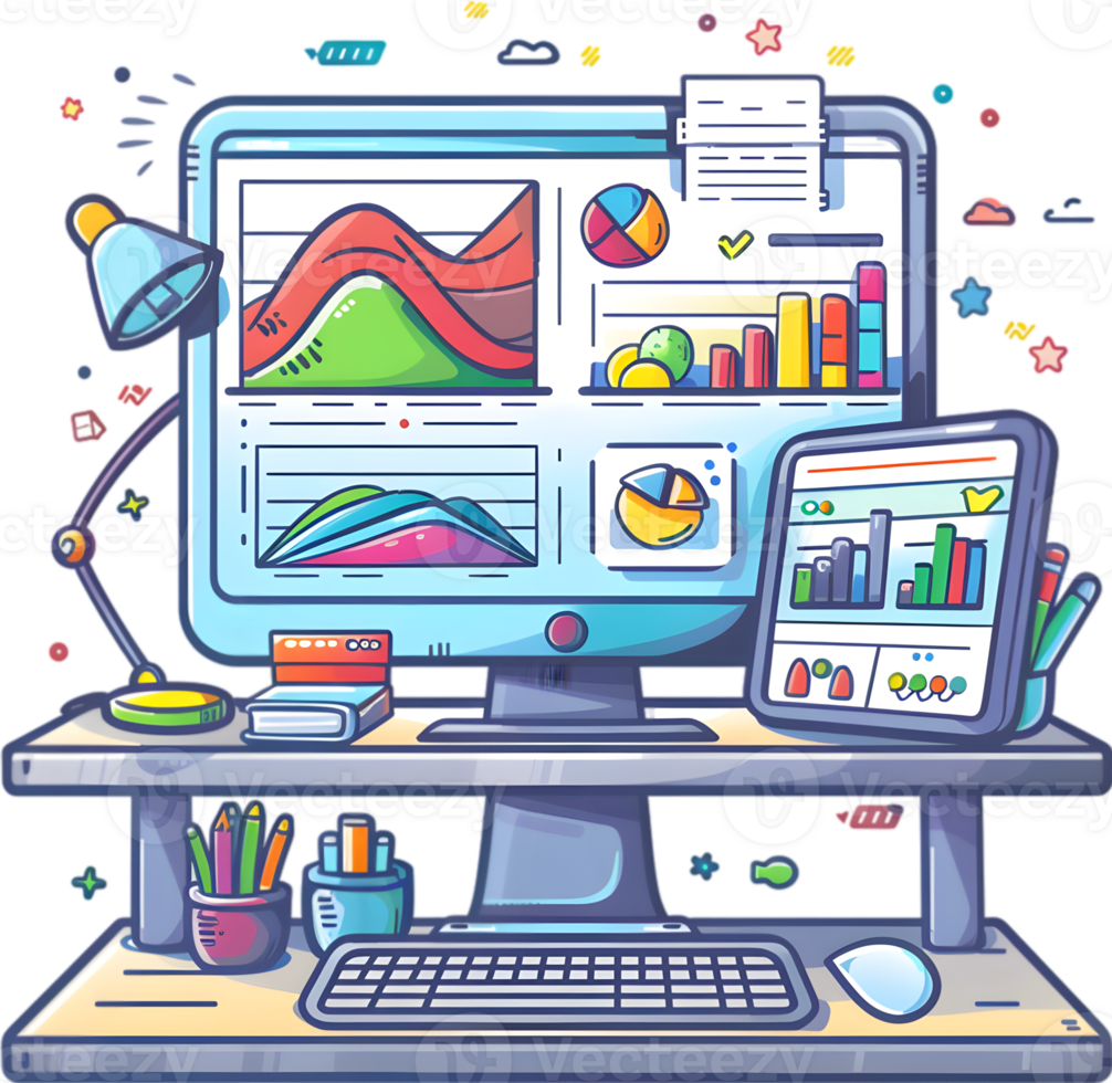 A computer with a monitor, keyboard and mouse on a desk png