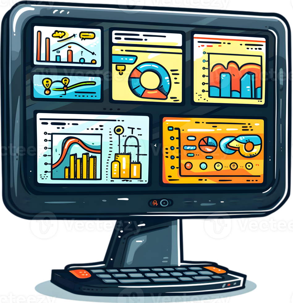 A computer monitor with various graphs and charts png