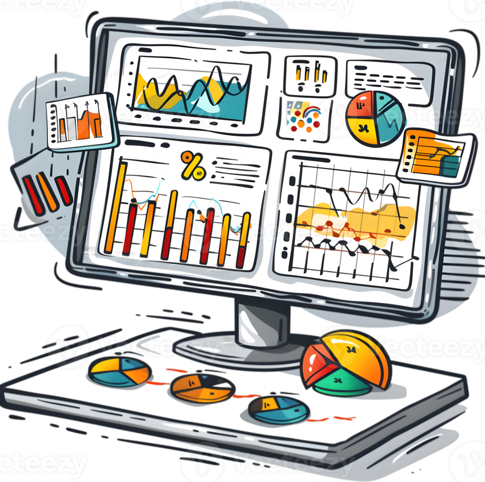 An illustration of a computer screen with graphs and charts png