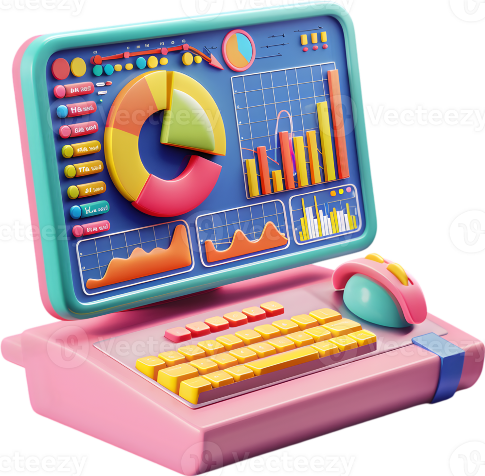 A pink and blue laptop with a bar graph on it png