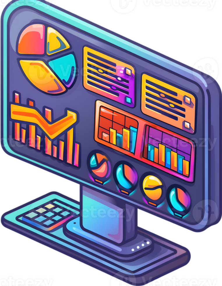 An icon of a computer monitor with graphs and charts png