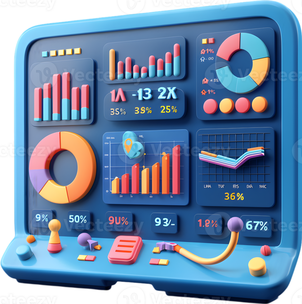 A blue computer with a dashboard of graphs and charts png