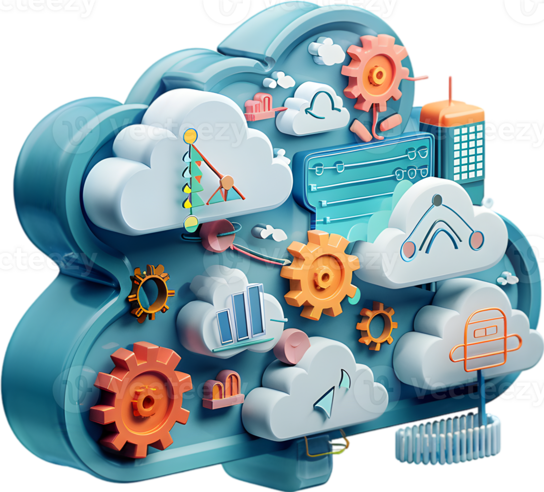 A cloud with various icons and gears png