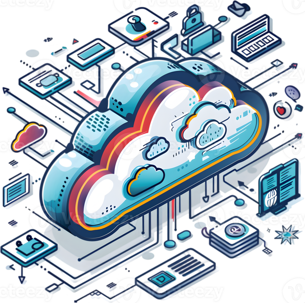 A cloud computing is shown surrounded by various devices png