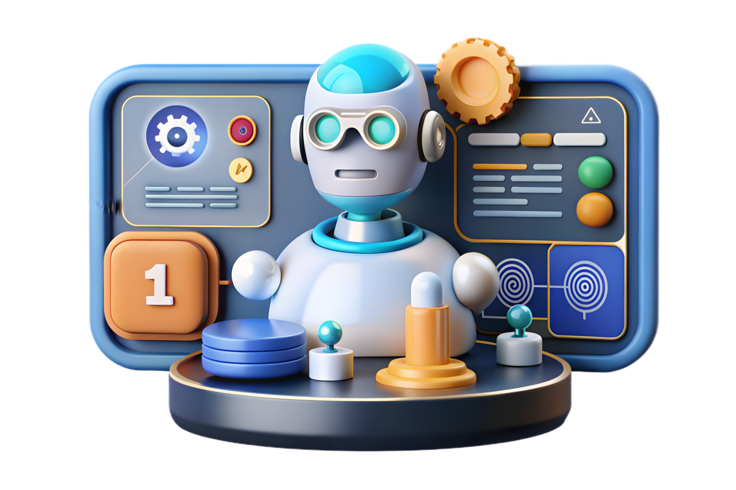 A robot with a computer and a clock on it png