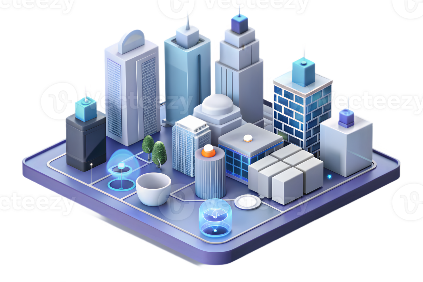 Isometric 3D AI Powered Smart City concept as A minimalistic abstract featuring smart city elements with digital connections and network patterns. The design is isola png