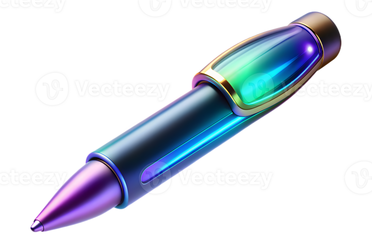 Isometric 3D Holographic Pen with Glowing Ink concept as A sleek pen with holographic glowing ink placed on a glossy white surface. The scene is isolated with ample copy space symb png