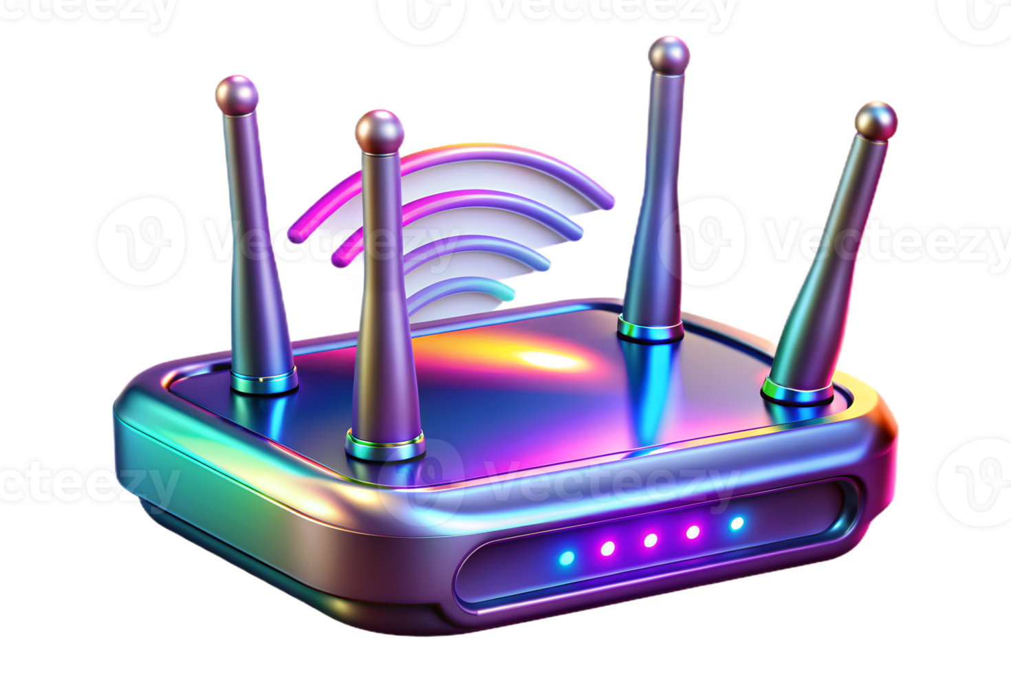 Isometric 3D Holographic Router with Glowing Antennas concept as A Wi Fi router with holographic glowing antennas isolated on a glossy white surface. The scene is isolated with amp png