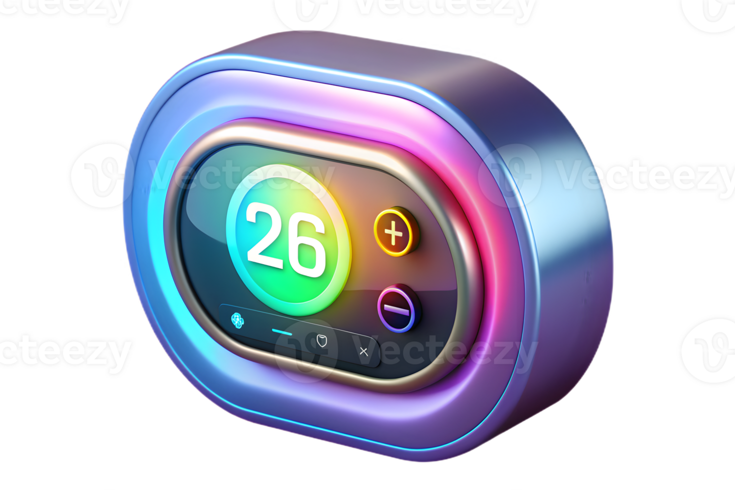 Isometric 3D Holographic Smart Thermostat with Glowing Display concept as A smart thermostat with a holographic glowing display isolated on a glossy white surface. The scene is iso png