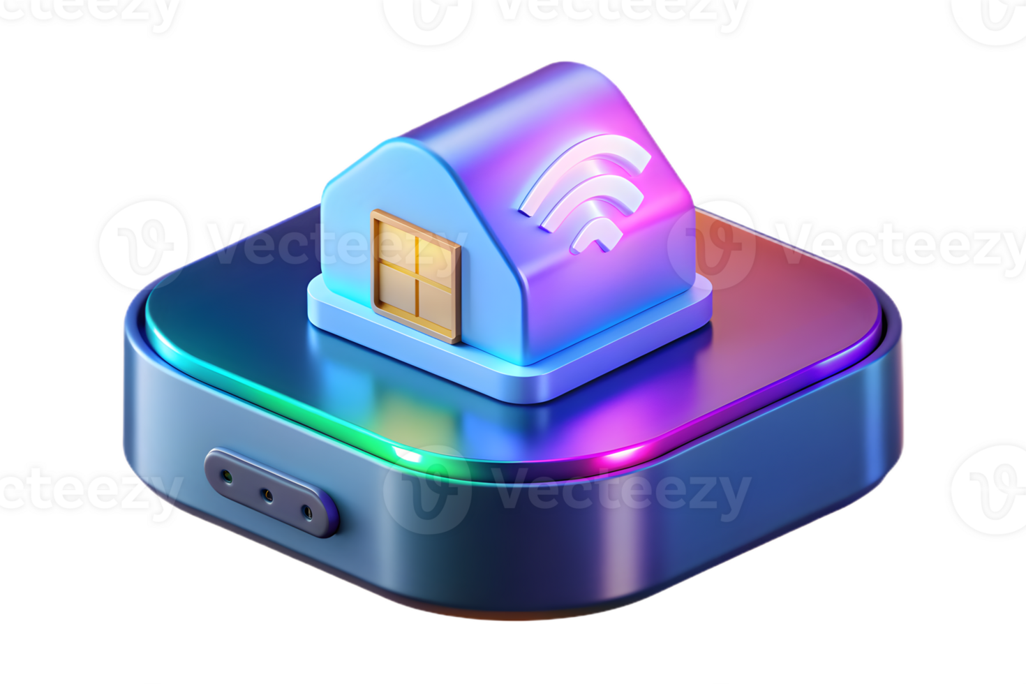 Isometric 3D Holographic Smart Home Hub with Glowing Interface concept as A smart home hub with a holographic glowing interface isolated on a glossy white surface. The design inclu png