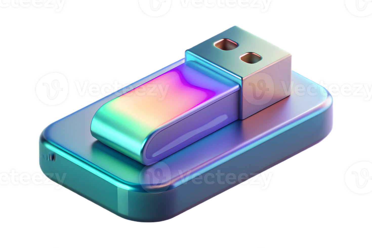 Isometric 3D Holographic USB Drive on Glossy Platform concept as A USB drive with holographic glowing accents resting on a glossy white platform. The scene is isolated with ample c png
