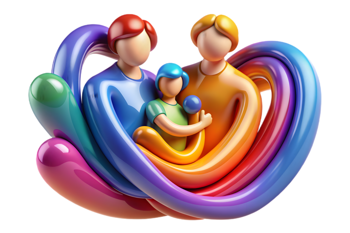 A family of three people holding hands in a colorful swirl png