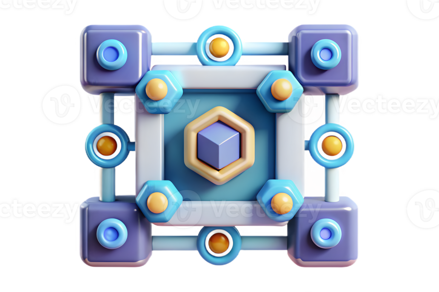 Isometric AI Driven Blockchain Frame concept as A border frame with blockchain symbols and digital connections on the left and right sides leaving the center as copy space. The des png