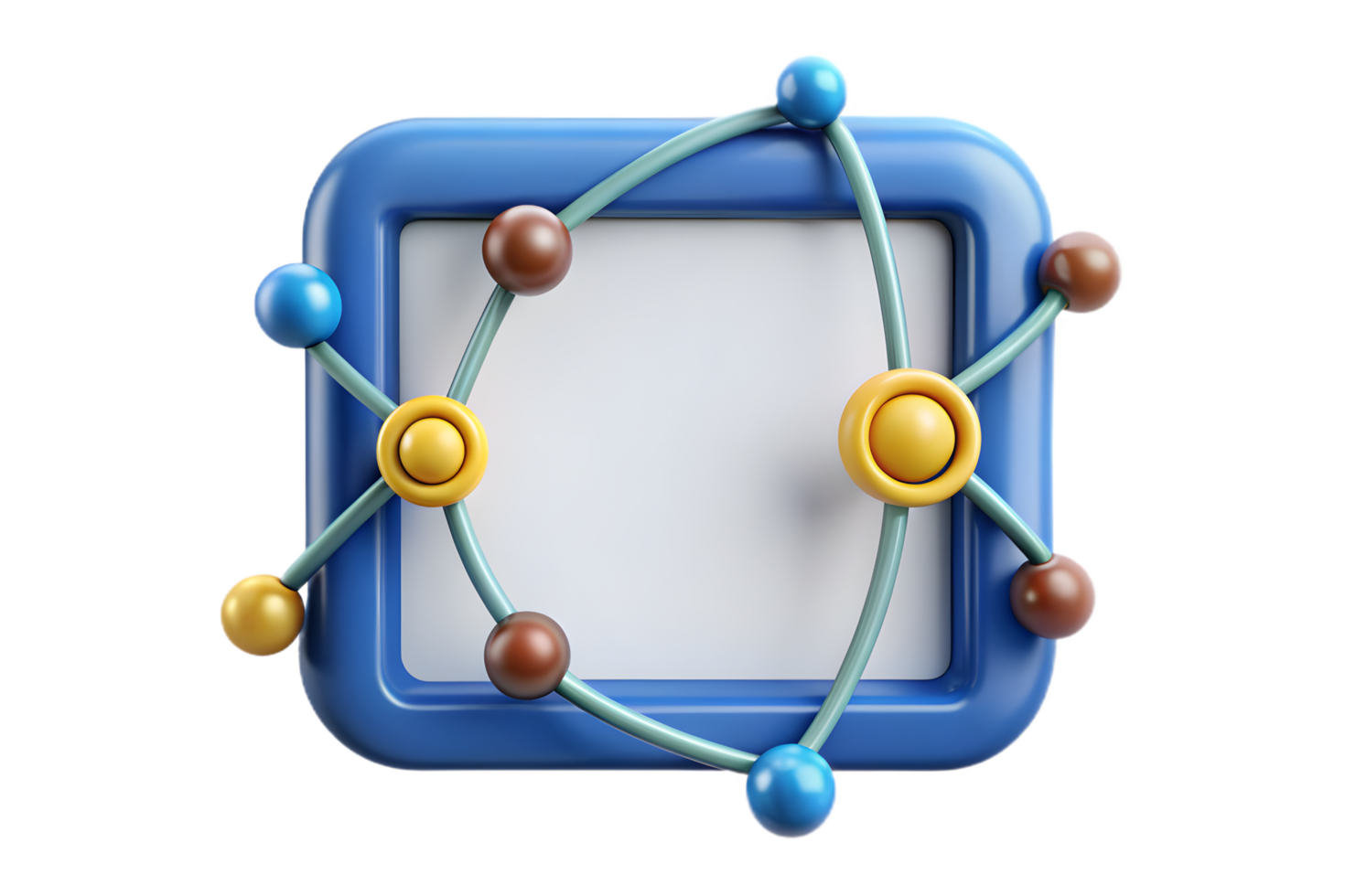 A blue square with a molecule and a few different colored balls png