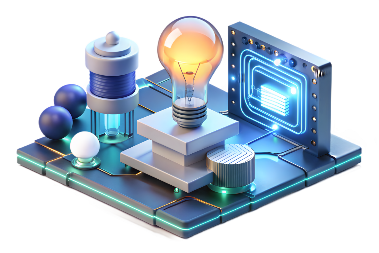 A light bulb and a computer with a circuit board png