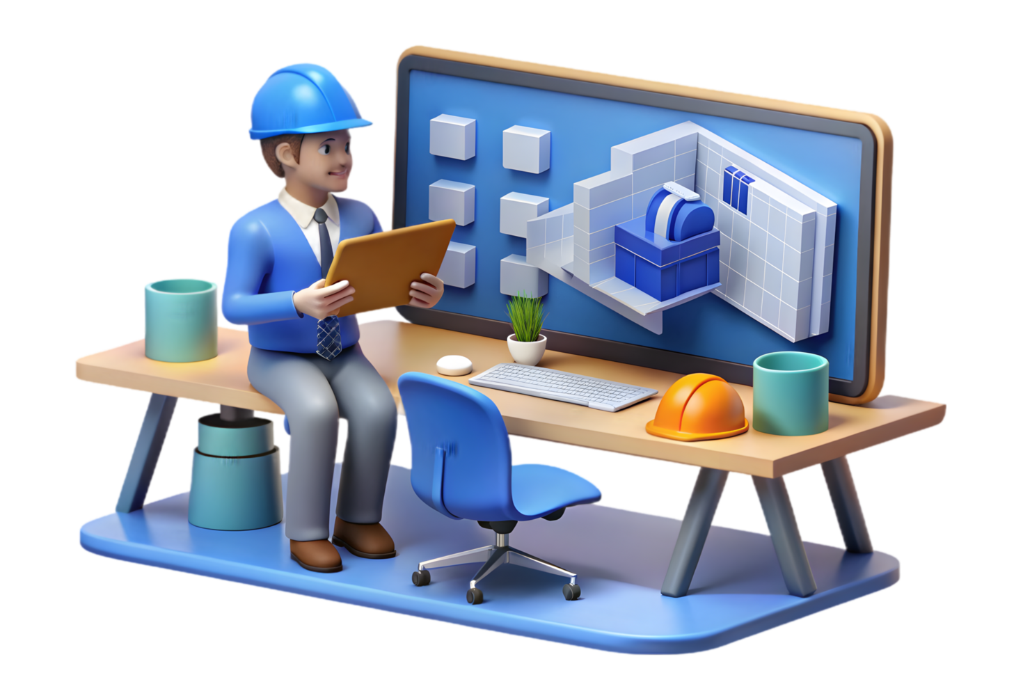 A man in a hard hat is sitting at a desk with a computer png