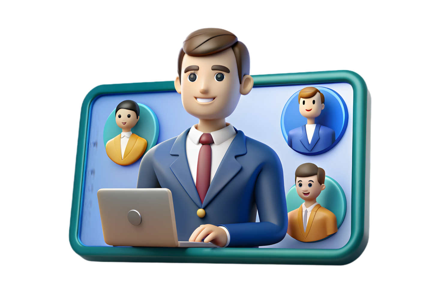A man in a suit is sitting at a computer with a group of people around him png