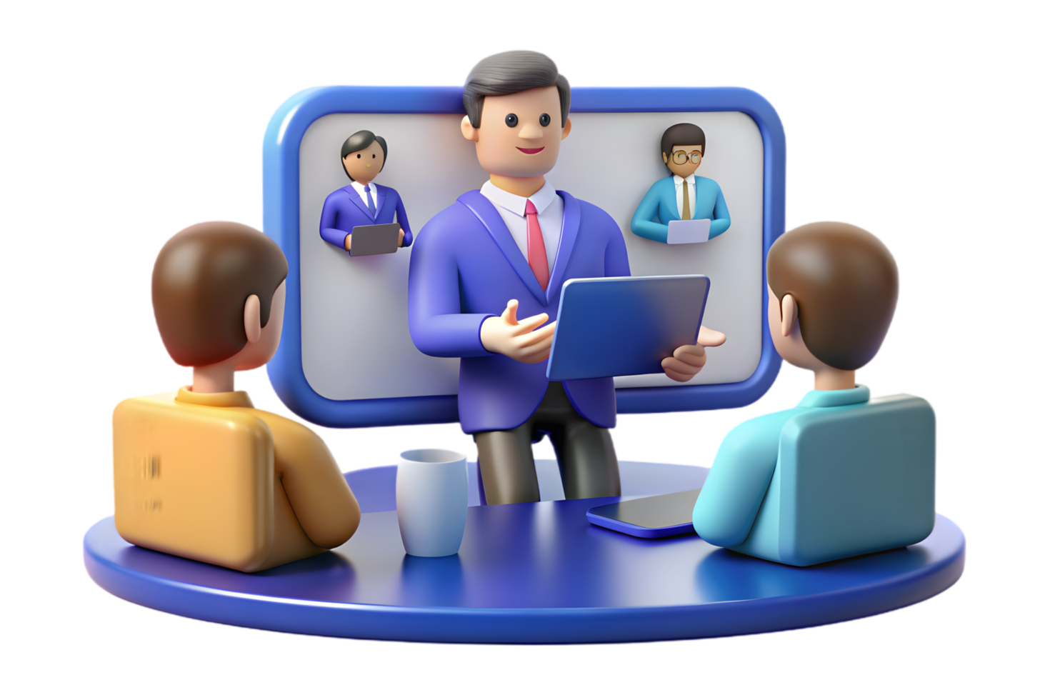 A cartoon man is giving a presentation to a group of people png