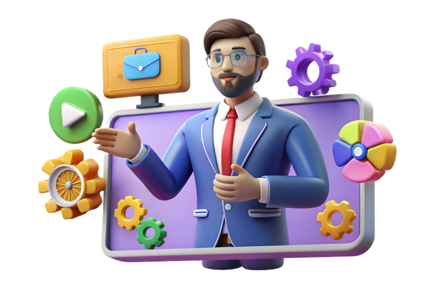 A man in a suit and tie is holding a tablet with gears and icons png