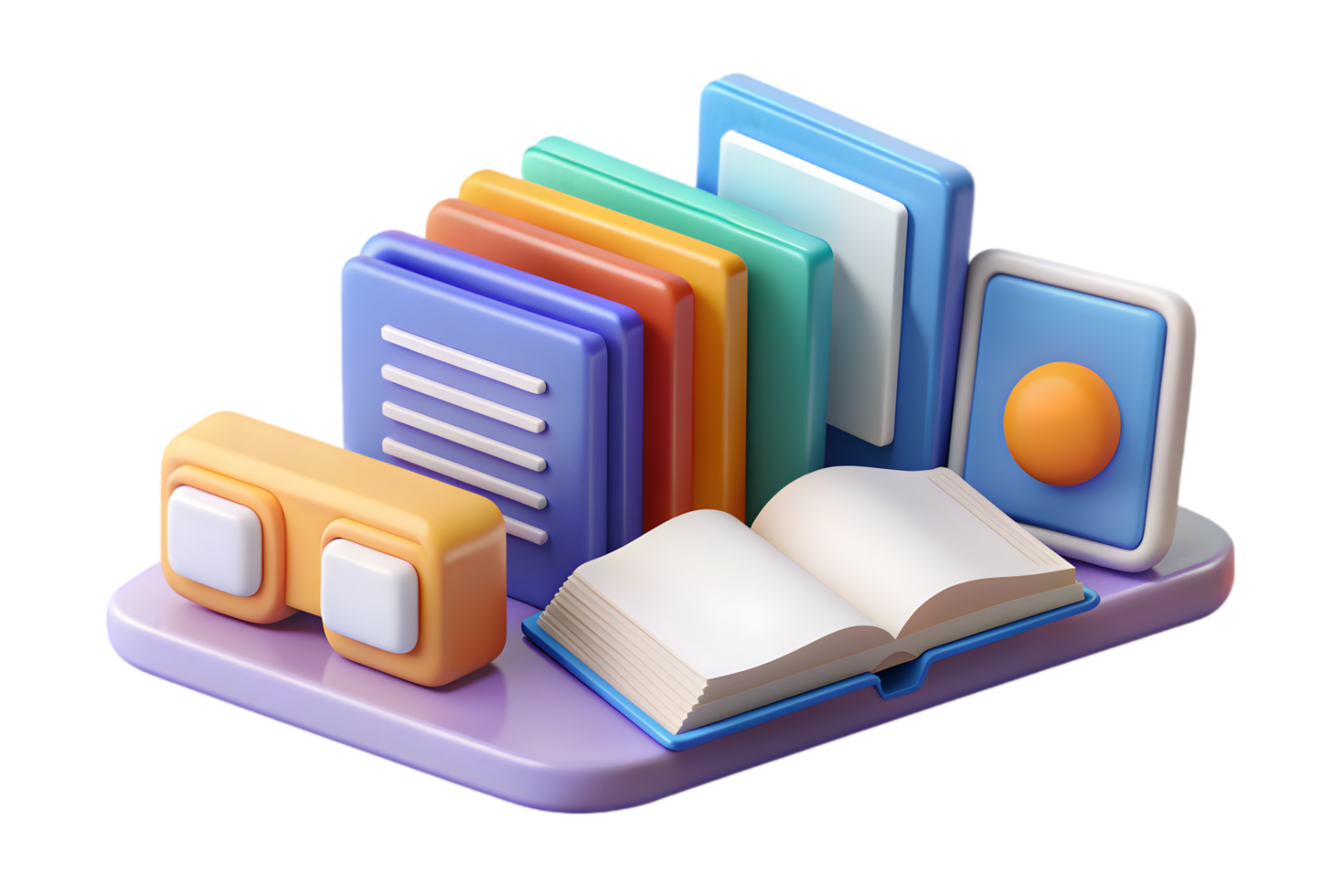A book, glasses and a book on a shelf png