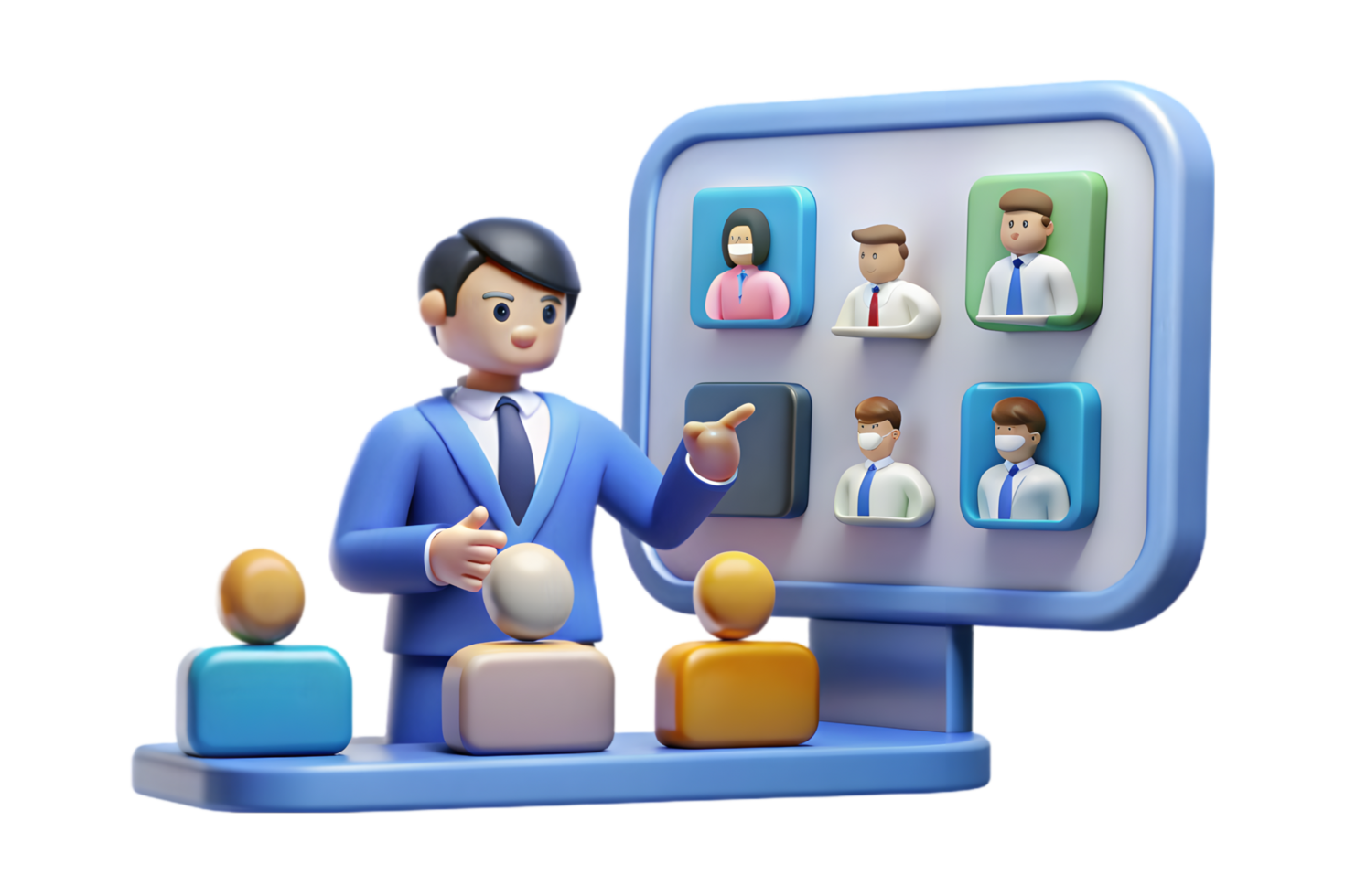 A cartoon man in a suit is standing in front of a large screen with people on it png