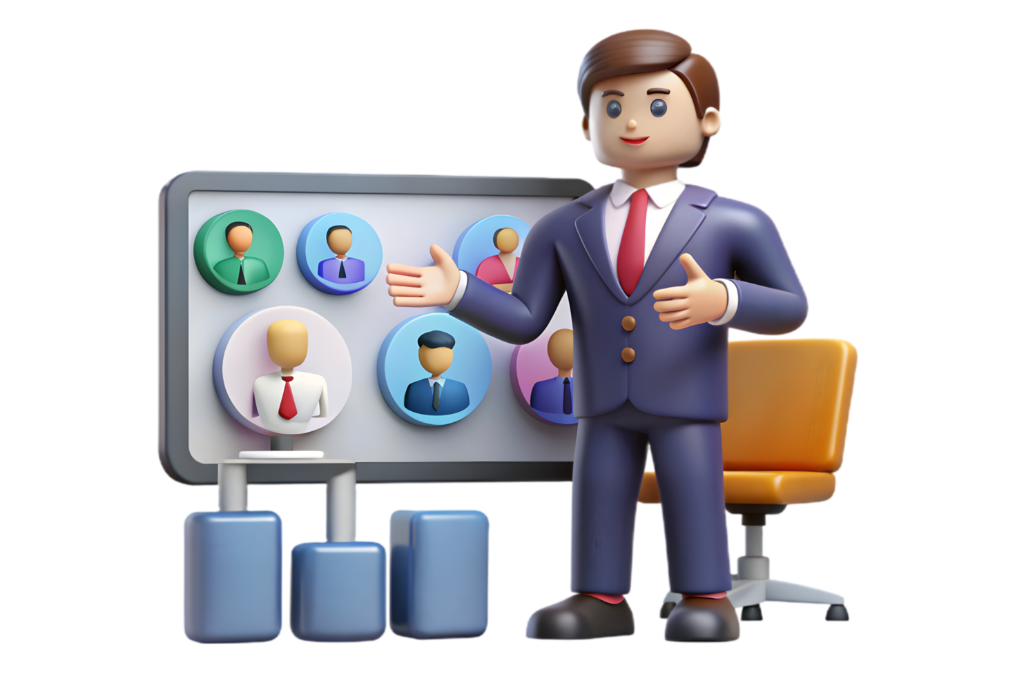 A cartoon man in a suit and tie standing next to a board with people on it png