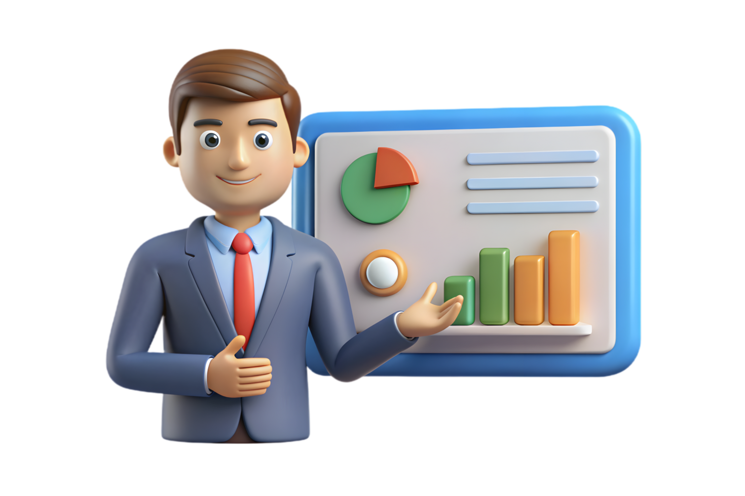 A cartoon man in a suit and tie is pointing at a board with graphs png