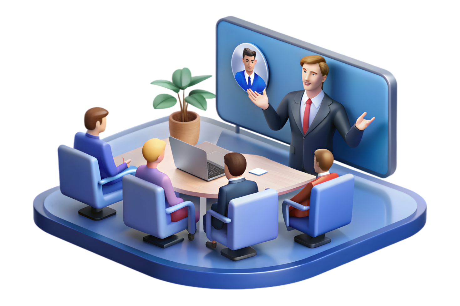 A group of people sitting around a table with a man on a screen png