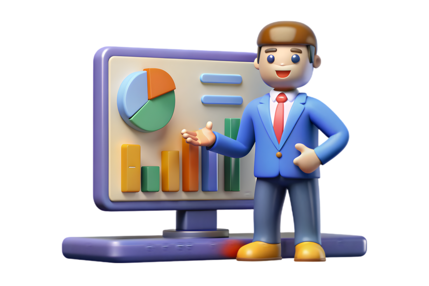A cartoon man in a suit is standing next to a computer screen with a chart on it png