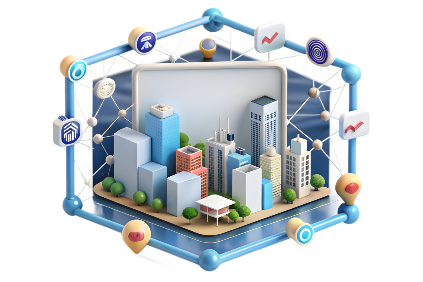 A city with buildings and icons on it png