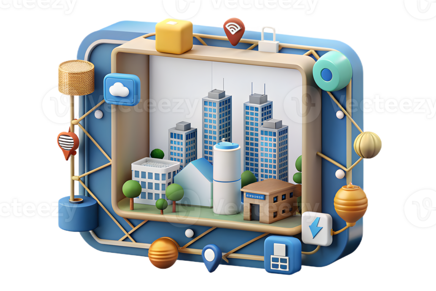 Isometric Flat AI Driven Smart City Frame concept as A border frame with smart city elements on the left and right sides leaving the center as copy space. The design highlights AI png